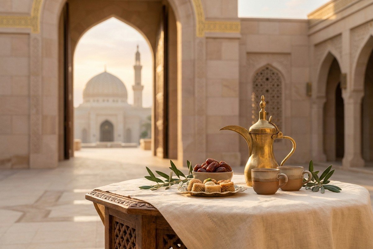 صورة تعبيرية لضيافة عيد الأضحى في أجواء معمارية عربية هادئة